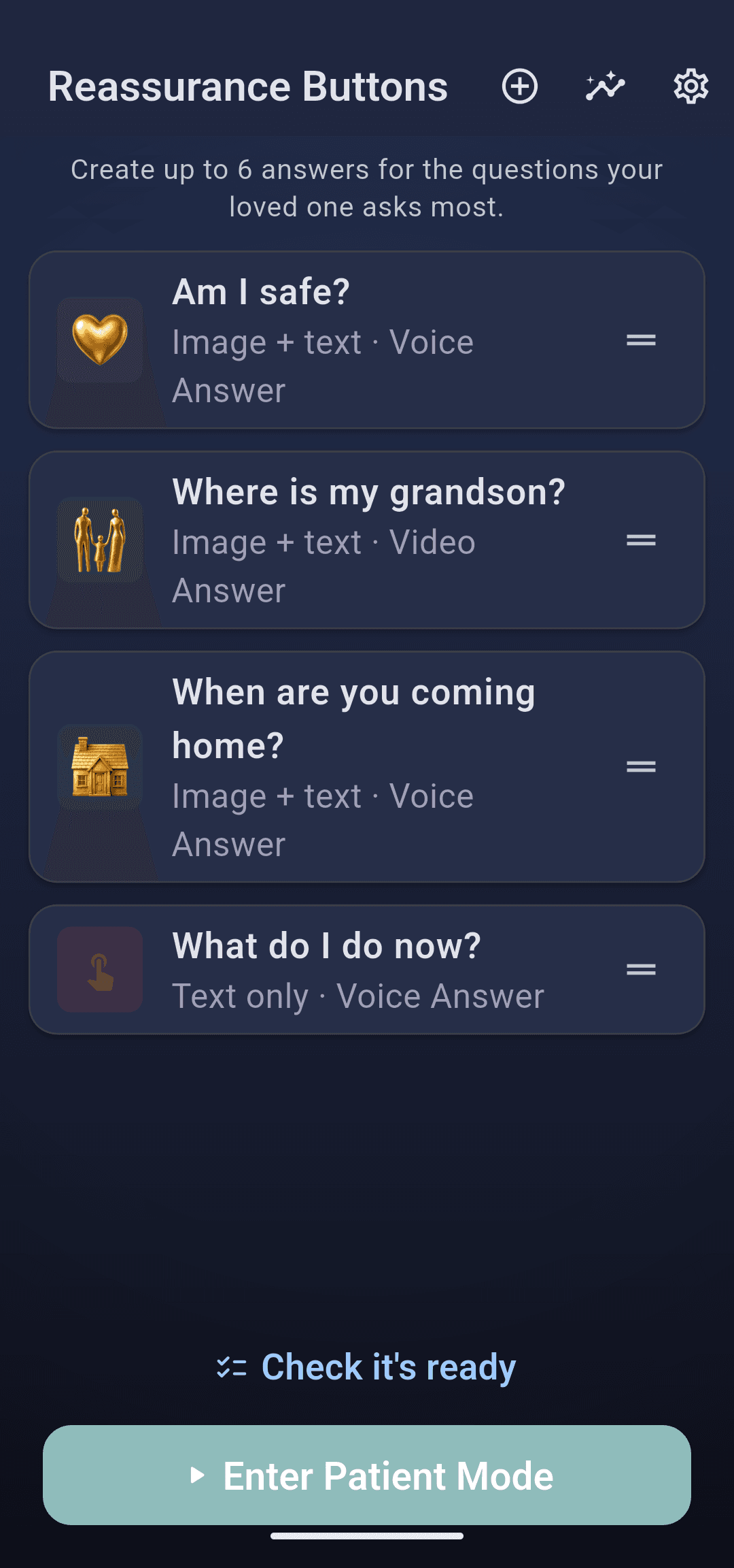 The caregiver's home screen, listing the answers already recorded. Demo data.