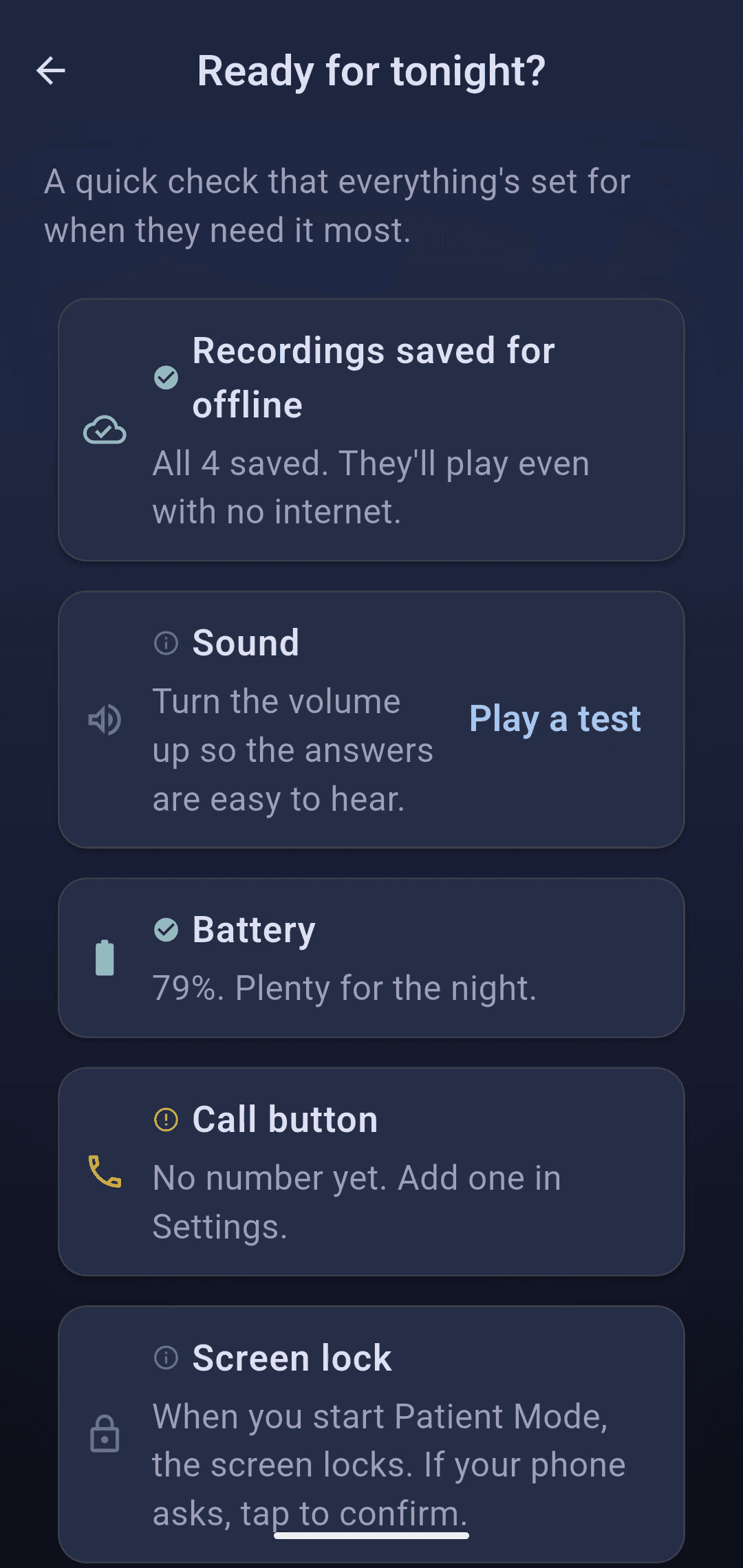 The readiness check before you hand the device over. It reports what is not ready, rather than showing all green.