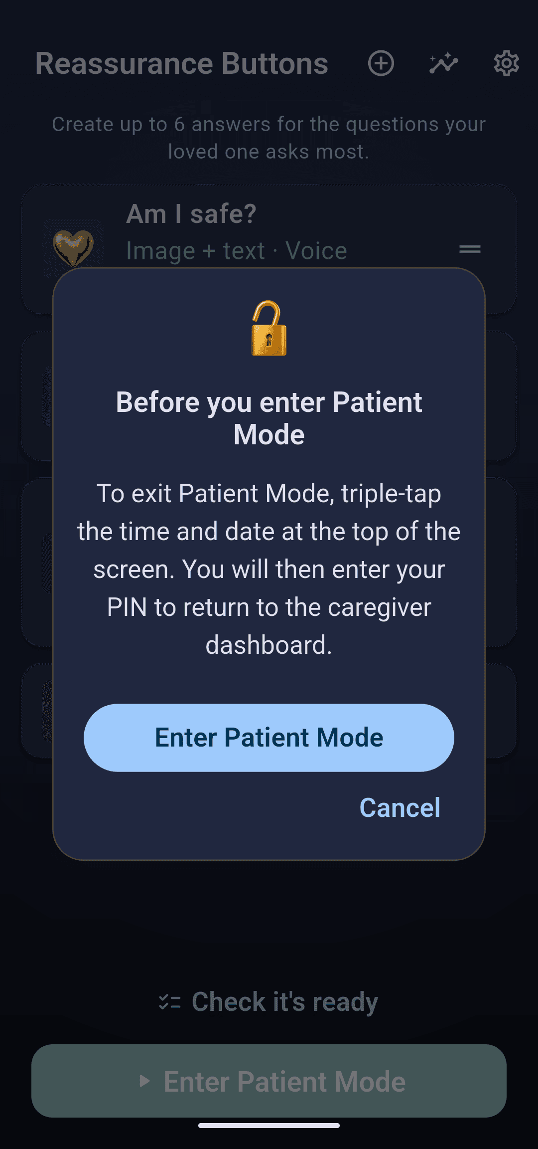 How to leave the locked screen. Shown to the caregiver, not to the person in care.
